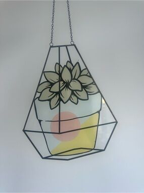 Geometric Hanging Planter Wall Art with Succulent Motif - Cream, Yellow, Pink